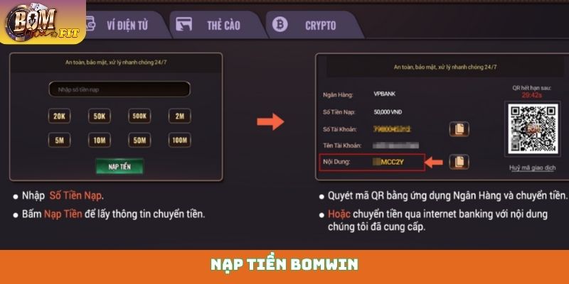 Nạp tiền Bomwin - Thanh toán gửi tiền nhanh, bảo mật cao Nạp tiền Bomwin